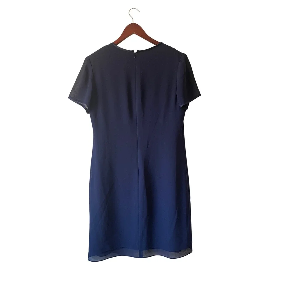 Vintage Liz Baker Navy Blue Floral Embroidered Sheer Overlay Shift Dress Size 10